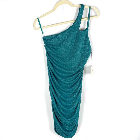 Superdown Jayden Mini Dress Blue‎ Shimmer Asymmetrical One Shoulder Jersey Sz M - Picture 4 of 12